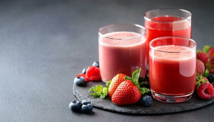 three glasses of fresh juice made of strawberries raspberries and blueberries slate plate copy space horizontal