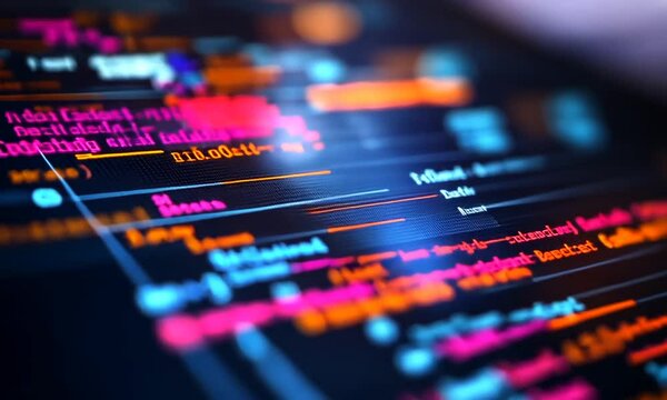 Abstract digital code with vibrant colors and patterns.