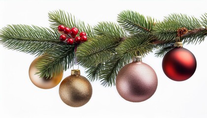 christmas toys on fir tree branch isolated on white