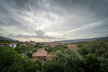 Fototapeta premium Panoramic view of the village of Hervas in Caceres at sunset. Spain