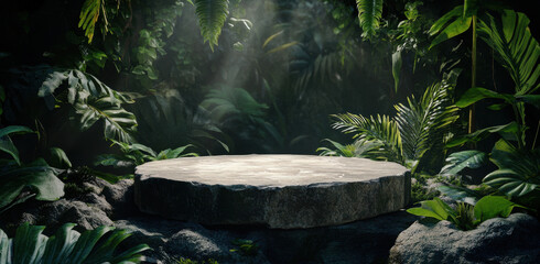 A stone platform sits in a tranquil jungle clearing, illuminated by soft rays of sunshine filtering through towering green foliage. The area is rich with vibrant plants.