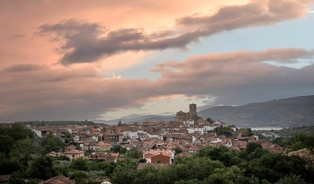 Panoramic view of the village of Hervas in Caceres at sunset. Spain