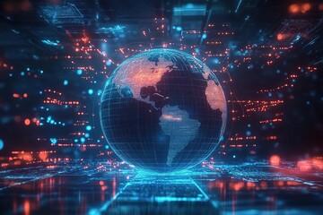 Obraz premium A digital globe surrounded by glowing connections, symbolizing global connectivity and the vastness of cyberspace. 
