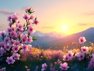 Fototapeta premium Pink Flowers Blossom at Sunset Mountain View