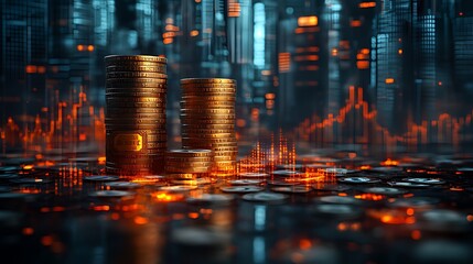 Golden coins stacks against glowing city backdrop with financial graphs.