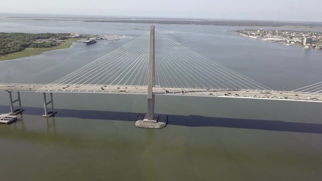 Aerial approach to the Ravenel or Cooper River Bridge in Charleston, South Carolina