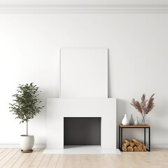 Frame mockup with plants standing on fireplace, white living room interior