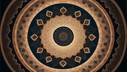 Naklejka premium Elegant Gold Mandala Ceiling Design Dark Blue Background