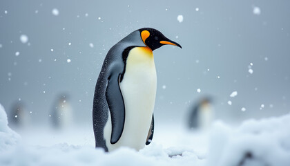 Fototapeta premium Solitary emperor penguin standing in a snowy landscape with falling snowflakes during an Antarctic storm