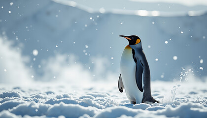 Fototapeta premium Emperor penguin standing proud in a snowy wonderland amidst falling snowflakes during an Antarctic storm