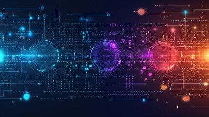 Obraz premium Cyberpunk-Inspired Digital Background with Neon Lighting, Matrix-Style Codes, and Tech Symbols
