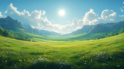 Fototapeta premium Sunny meadow landscape with mountains and flowers.