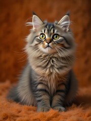 A fluffy brown tabby cat with bright yellow-green eyes sits attentively against a warm brown background.