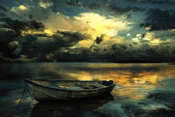 Fototapeta premium A serene scene with a boat sitting peacefully on the surface of a lake, surrounded by a cloudy sky