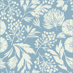 Abstract Seamless Elegance Wildflowers Flowers Pattern On Blue Background. 