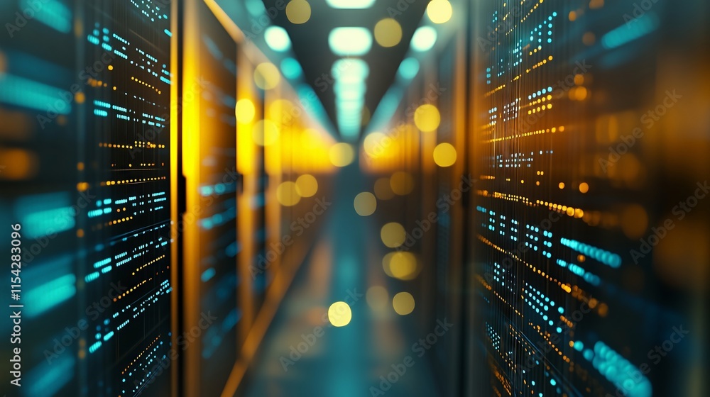 Poster server room data center showing multiple servers blinking lights flashing processing information