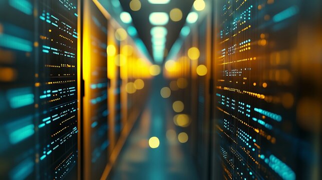 Server room data center showing multiple servers blinking lights flashing processing information - Powered by Adobe