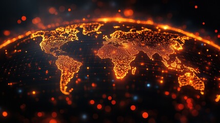 Glowing world map, digital illustration of global network. Abstract concept of connectivity and technology. Orange and black colors.