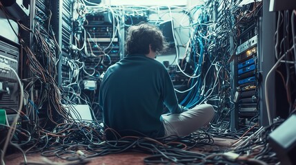 Technician working on messy wires in server room