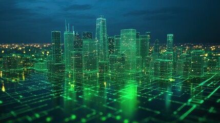 Futuristic cityscape at night, glowing with vibrant green digital lines.  A modern metropolis, depicted as a network of interconnected buildings.