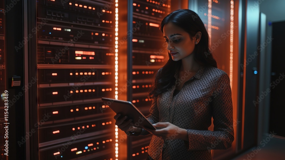 Poster it engineer using tablet computer in data center working with server racks