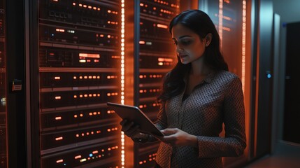 It engineer using tablet computer in data center working with server racks