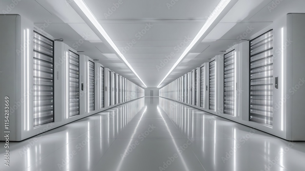 Poster server room corridor reflecting on shiny floor in data center