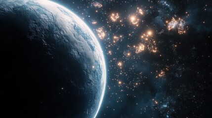 Obraz premium A celestial body, possibly a planet, looms large in the foreground, its surface textured and partially illuminated. In the background, a nebula glows with a myriad of warm and cool colors