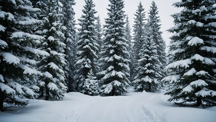 Fototapeta premium Stunning New Year’s Winter Background with Snow-Covered Fir Trees, Snowy Path, Soft Bokeh, and Ample Space for Text 