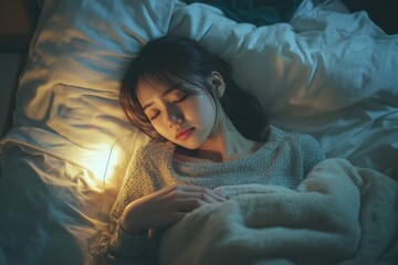 Woman measuring temperature her body on the bed. person got fever lying on the bed, Generative AI