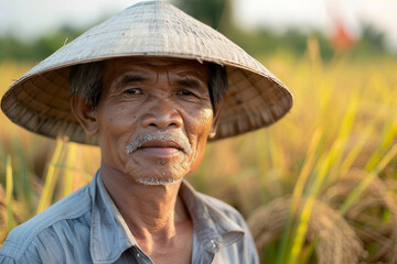 Fototapeta premium Generative AI Portrait of Male Farmer in Rural Environment with Agricultural Machines Ranch Harvesting Work