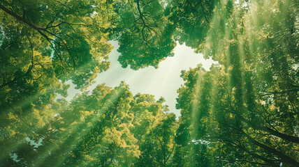 Fototapeta premium View of green forest canopy. The overall atmosphere is light green summer with rays of light through the foliage