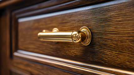 A polished brass handle of a drawer, reflecting warm light in a classic wooden cabinet.