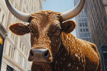 Naklejka premium A close-up shot of a cow with horns walking down a city street