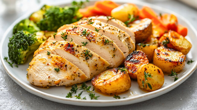A very nice and large meal, white meat prepared in a delicious way with various vegetables, a healthy and low-calorie white meat dish.