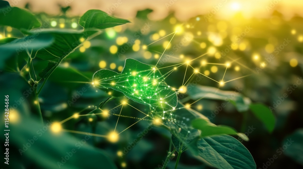 Poster close-up of a plant leaf with glowing lines and nodes, representing artificial intelligence and tech