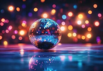 Realistic 3D rendering of an illuminated disco ball on the floor, creating reflections and colorful lights in the background. 