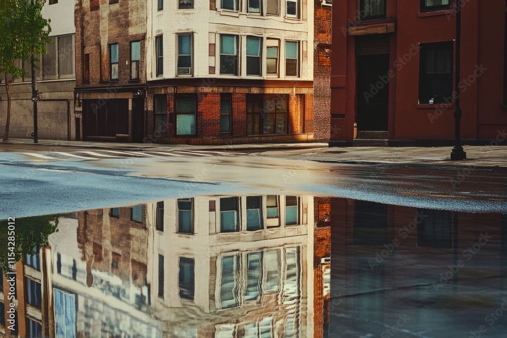 Poster a still moment of a building's reflection in a puddle of water, great for use in advertisements or e