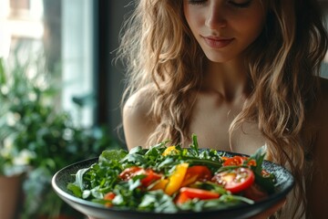 Intermittent fasting with clock, close up young woman, girl diet, waiting time to eat ketogenic low carb, green vegetable salad on plate. Eat food healthy first meal on brunch, lunch on table at, Gene