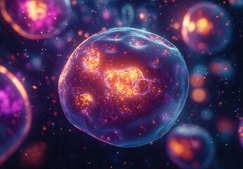 Naklejka premium A close-up of an isolated cell, with vibrant purple and orange hues, surrounded by glowing spheres representing other cells in the background.
