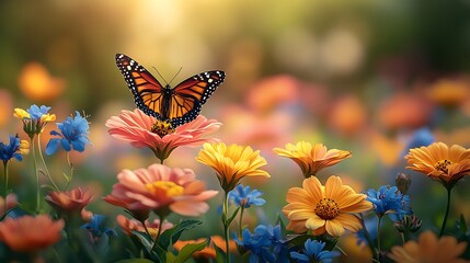 Monarch Butterfly Resting on Vibrant Garden Flowers