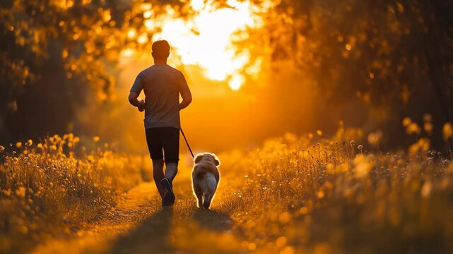 Healthy lifestyle video showing a man jogging with his dog on a scenic trail during a golden sunset. A peaceful and motivating scene promoting fitness, outdoor activity, and companionship.