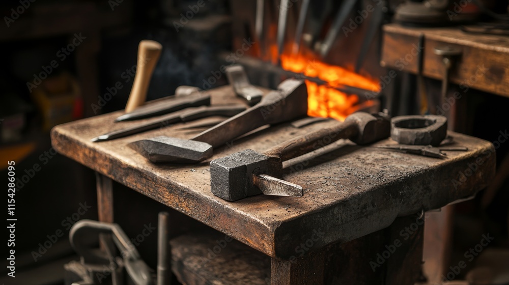 Poster an inviting knife-making forge with anvils and forging tools, steel blanks and hammering equipment n