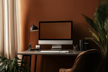 Fototapeta premium Stylish mocha mousse-colored interior with minimalist desk and sleek PC monitor design.