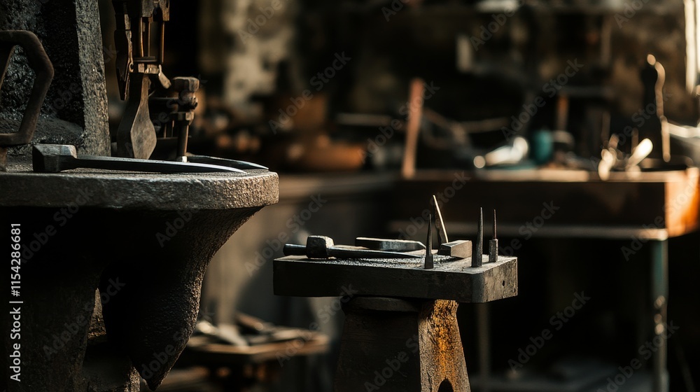 Poster an inviting knife-making forge with anvils and forging tools, steel blanks and hammering equipment n