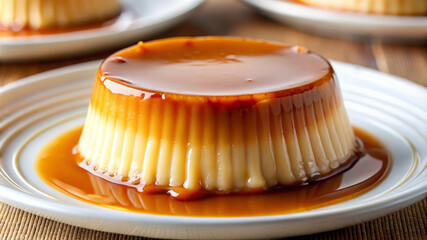 Creamy caramel flan topped with sauce served on elegant white plate