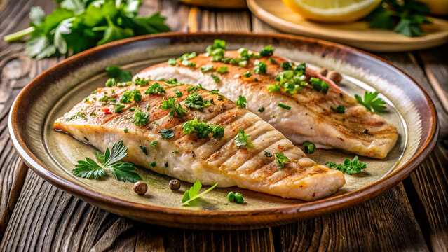 Grilled red snapper fillets garnished with fresh herbs on a rustic plate - Powered by Adobe