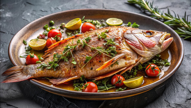 Whole red snapper fish baked with cherry tomatoes and fresh herbs on a stylish plate