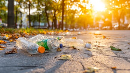 Discarded Bottles in Urban Square Under Harsh Sunlight