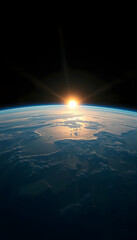 The sun rising over the earth is visible from space, cinematic, with white tones